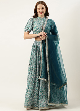 Blue Chinon Printed N Embroidered Lehenga Set