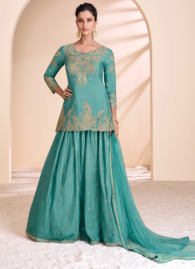 Blue Chinon Silk Embroidered Sequins A Line Lehenga Festive Wear
