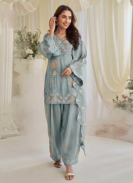 Blue Chinon Silk Embroidered Sequins With Stone And Beads Work Salwar Suit