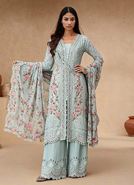 Blue Chinon Silk Thread Embroidered Sequins With Mirror Work Palazzo Suit