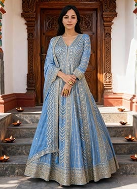 Blue Chinon Silk Zari And Embroidered Sequins A Line Anarkali Suit