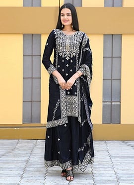 Blue Chinon Zari Embroidered Sequins Palazzo Suit
