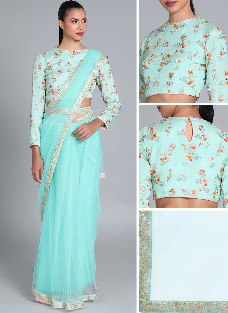 Blue Closed Neck Embroidered Saree Party Wear