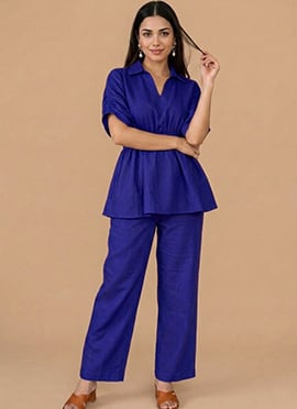 Blue Cotton Collared Peplum Top With Straight Pant