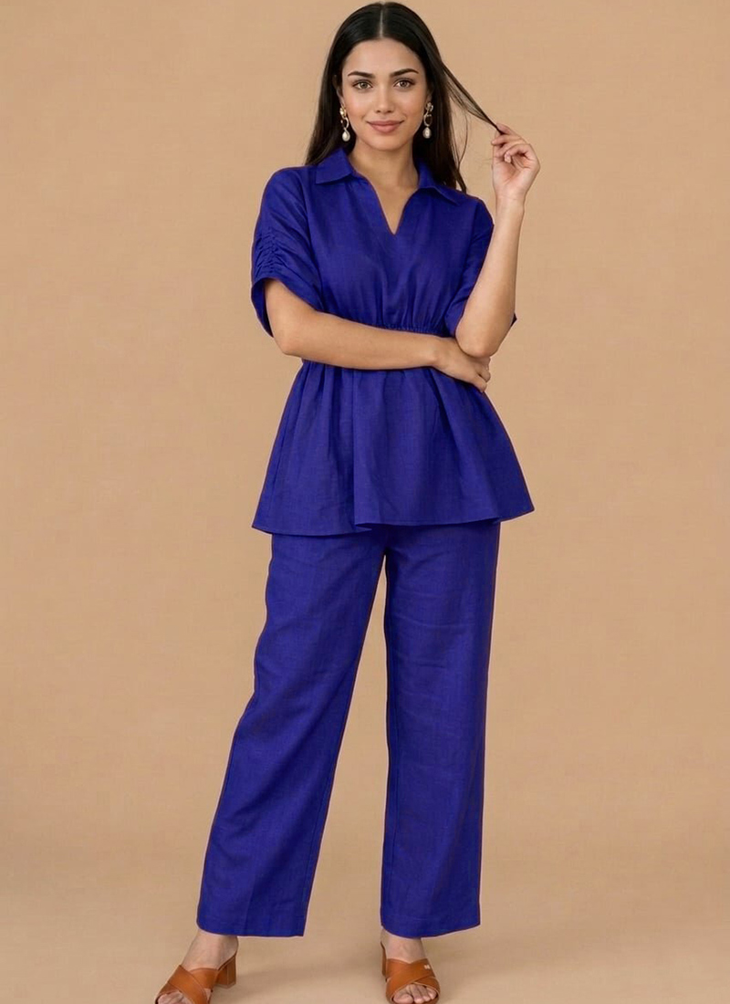 Blue Cotton Collared Peplum Top With Straight Pant After Six Wear