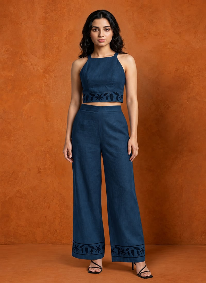 Blue Cotton Embroidered Crop Top Co-ord Set Work Wear
