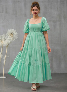 Blue Cotton Floral Embroidered Tiered Dress