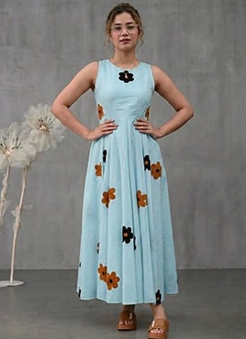 Blue Cotton Floral Printed Maxi Dress