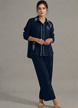 Blue Cotton Linen Stylish Co Ord Set