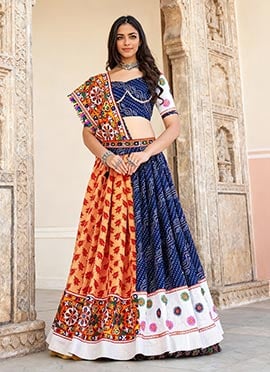 Blue Cotton Silk Kutch And Mirror Work With Bandhini Print Chaniya Choli