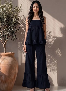 Blue Cotton Sleeveless Ruffle Hem Co Ord Set