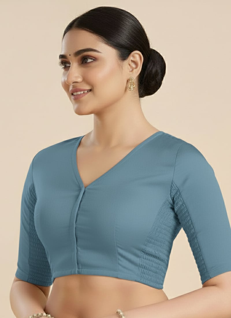 Blue Cotton Smocking Blouse Party Wear