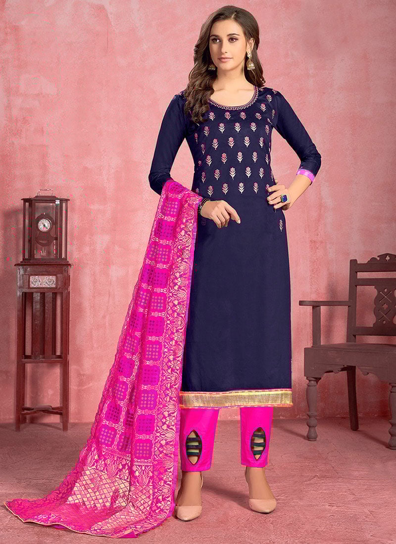 Blue Cotton Straight Pant Suit