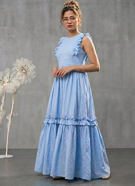 Blue Cotton Tiered Maxi Dress