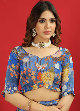 Blue Crepe Printed N Embroidered Classic Blouse