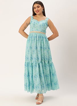 Blue Digital Print Tiered Dress