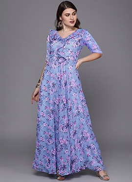 Blue Digital Print V Neck Gown