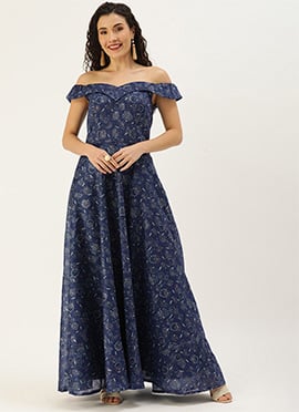 Blue Digital Printed Art Silk Off Shoulder Dress