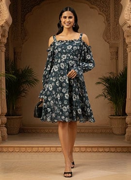 Teen Girls Blue Digital Printed Chinon Dress