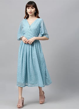 Blue Digital Printed Flared Sleeves Dress