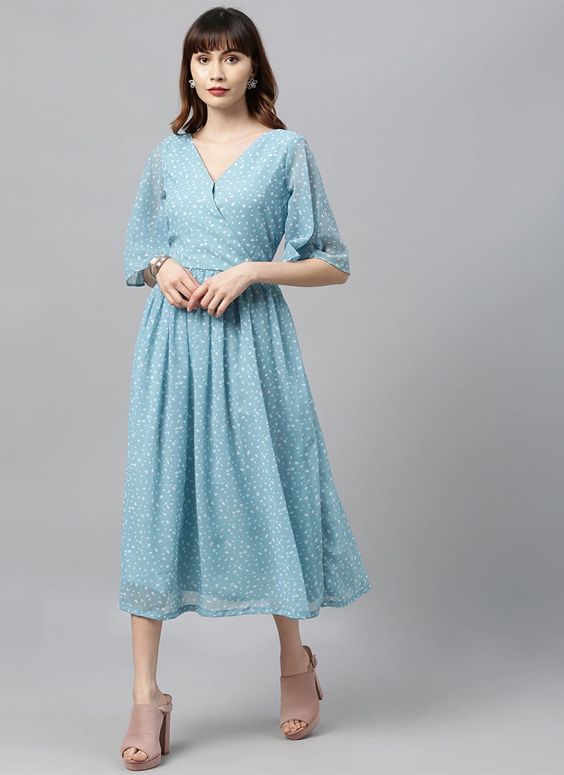 Blue Digital Printed Flared Sleeves Dress After Six Wear