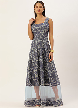 Blue Digital Printed Floor Length Gown