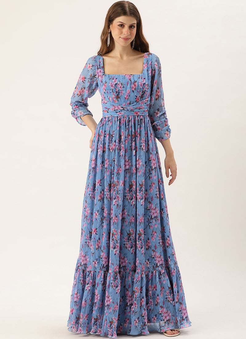 Blue Digital Printed Georgette Pleated Gown Festive Wear