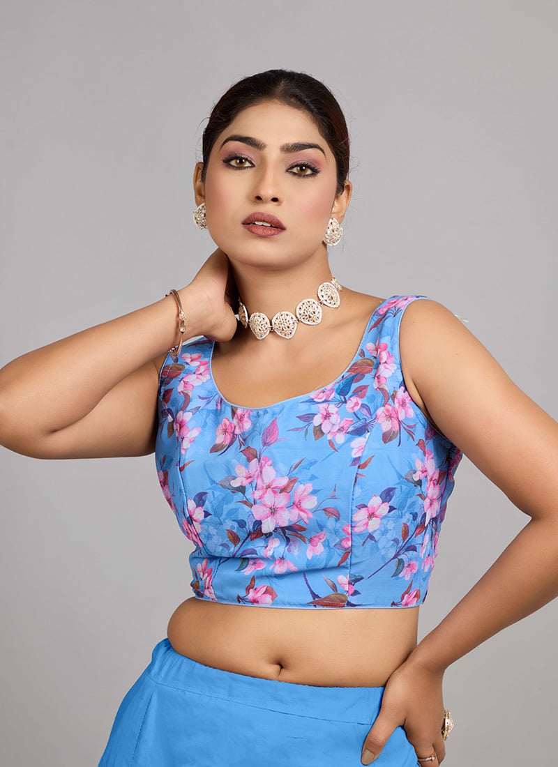 Blue Digital Printed Georgette Sleeveless Blouse Festive Wear