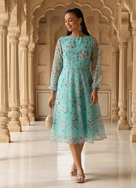 Teen Girls Blue Digital Printed Organza Dress