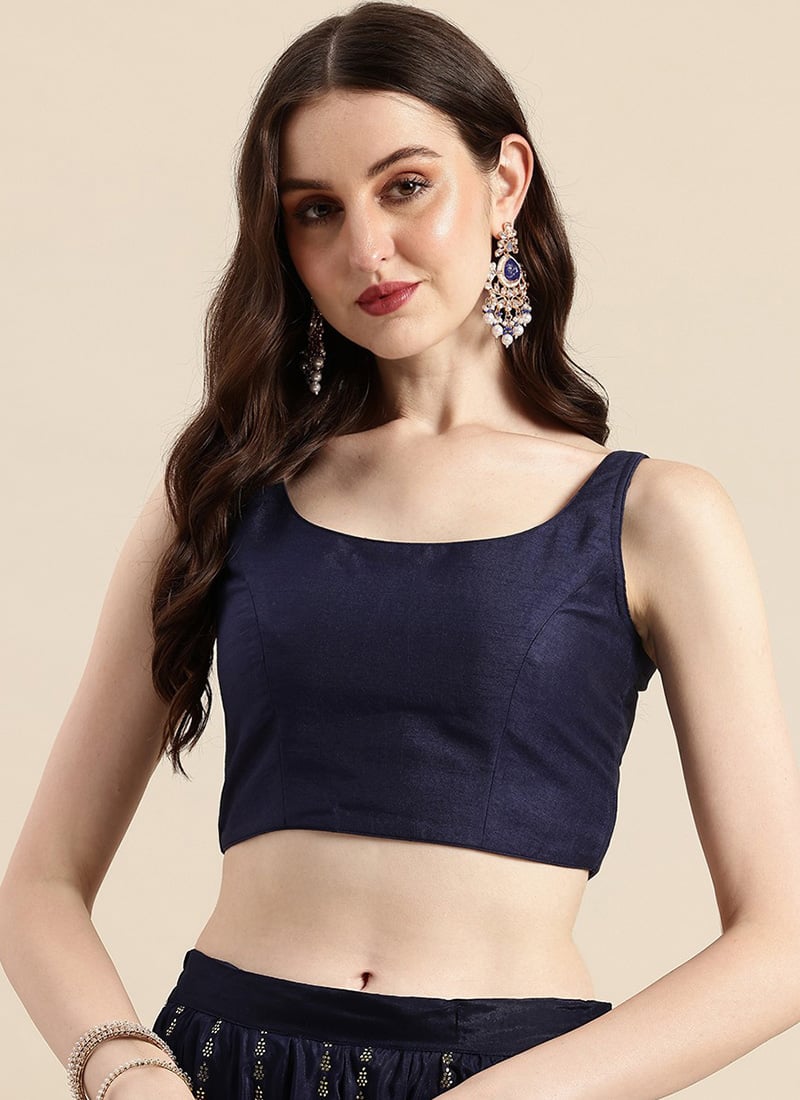Blue Dupion Silk Sleeveless Blouse Festive Wear