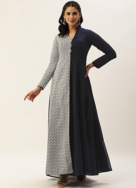 Teen Girls Blue Embroidered Art Silk Half N Half Gown