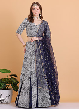 Blue Embroidered Art Silk Kali Lehenga