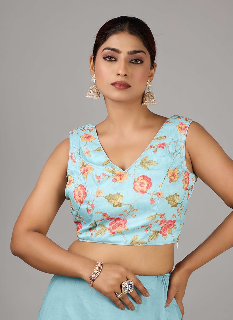 Blue Embroidered Art Silk V Neck Blouse Festive Wear