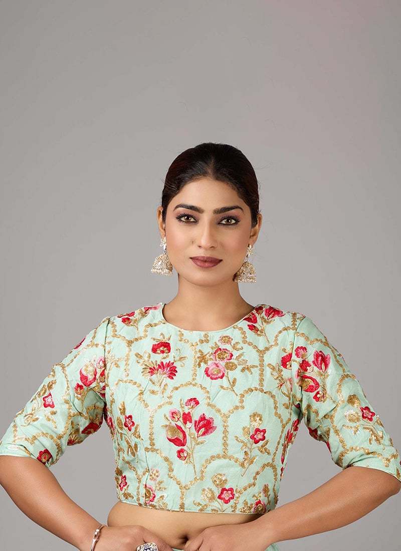 Blue Embroidered Chinon Blouse