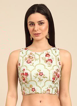 Blue Embroidered Chinon Halter Neck Blouse