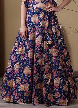 Blue Embroidered Chinon Skirt