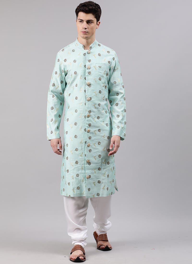 Blue Embroidered Cotton Fabric Sherwani