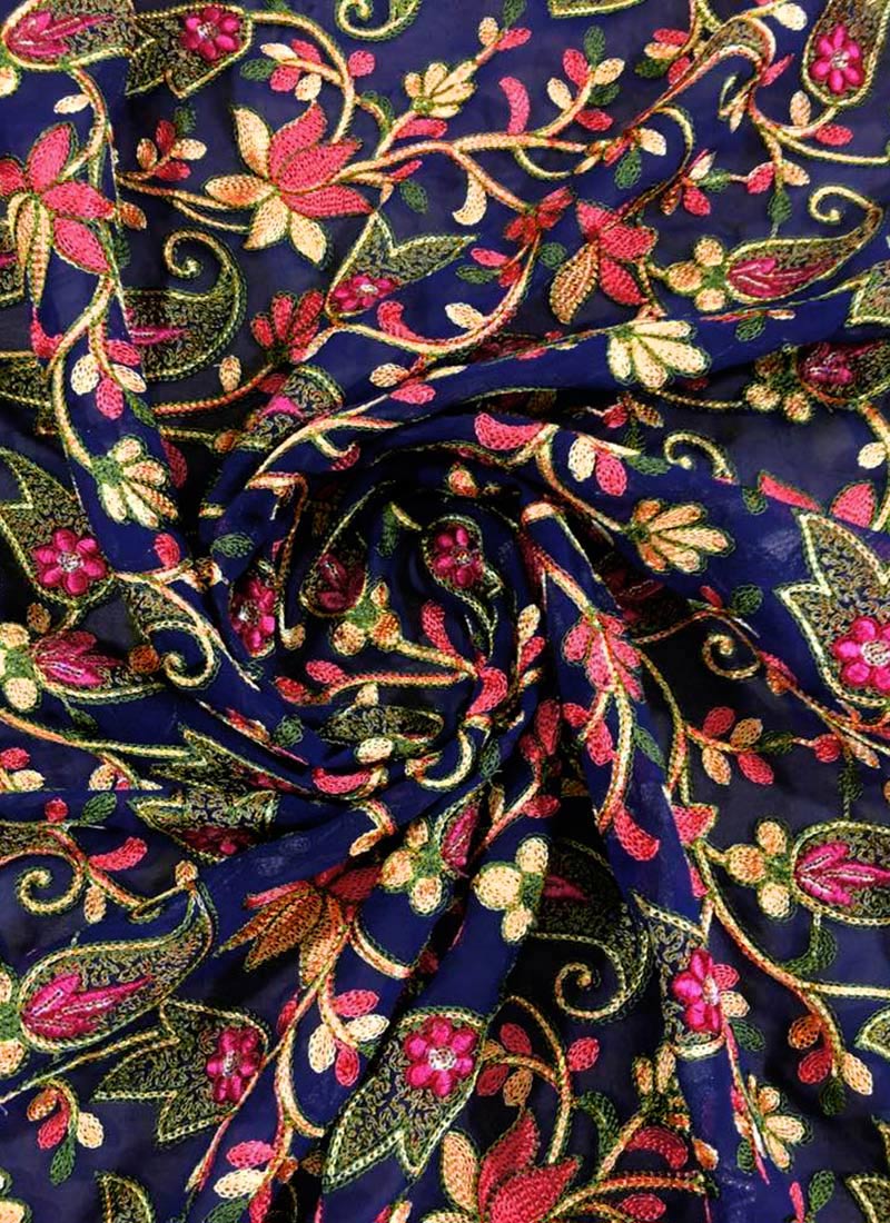 Blue Embroidered Georgette Fabric