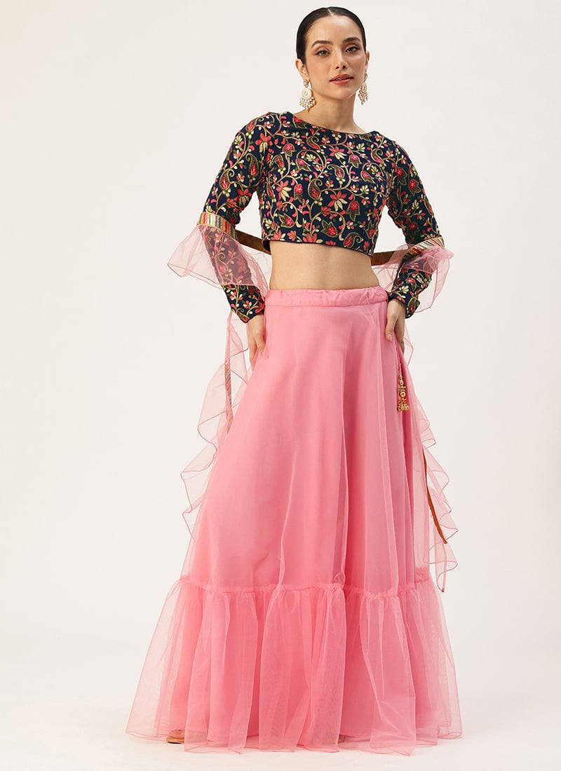 Blue Embroidered Georgette N Pink Net Lehenga Festive Wear