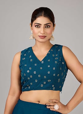 Blue Embroidered Georgette V Neck Blouse