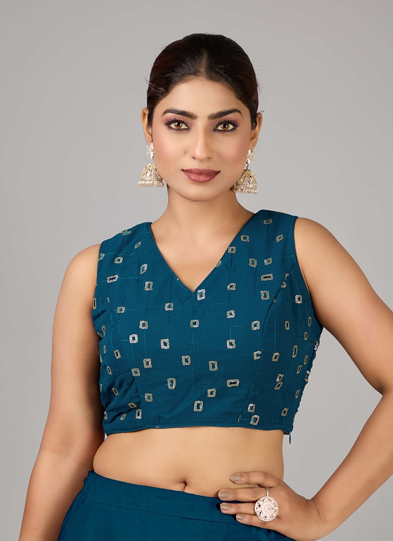 Blue Embroidered Georgette V Neck Blouse Party Wear