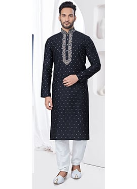Blue Embroidered Jacquard Print Silk Kurta Pyjama For Men