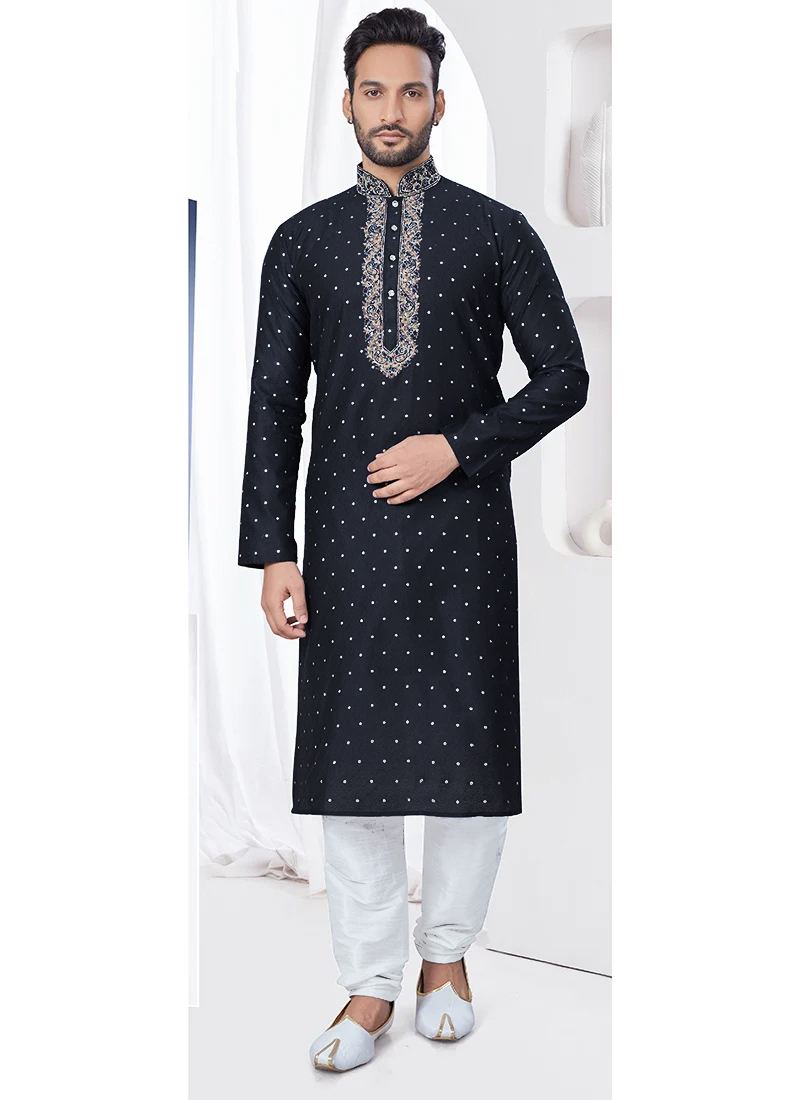Blue Embroidered Jacquard Print Silk Kurta Pyjama For Men Festive Wear