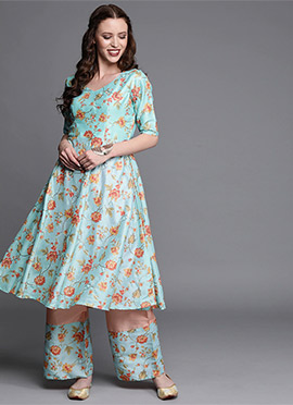 Blue Embroidered N Peach Kurta N Wide Leg Pant