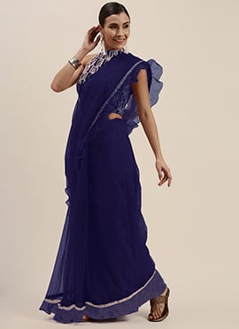 Blue Embroidered N Ruffles Saree
