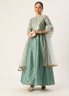 Teen Girls Blue Embroidered Net Anarkali Suit