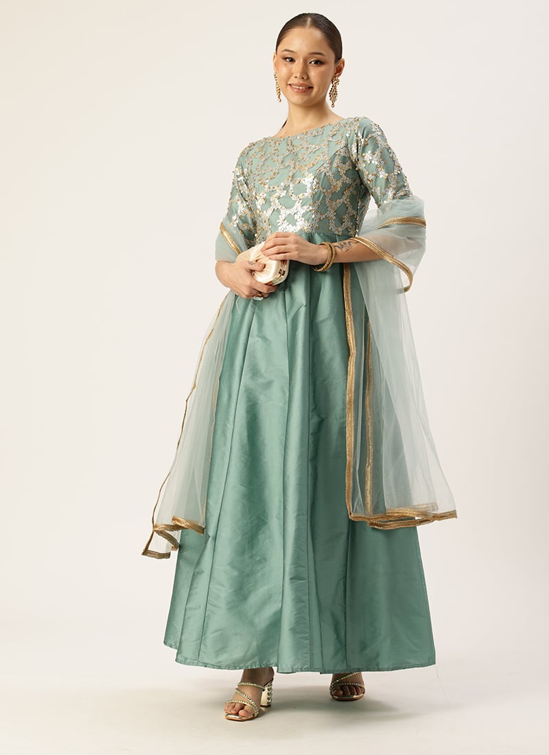 Teen Girls Blue Embroidered Net Anarkali Suit