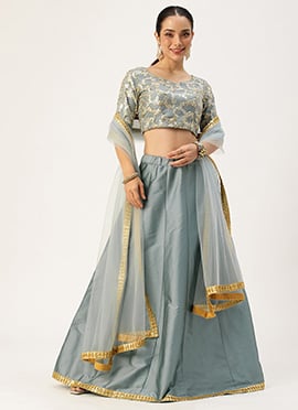 Blue Embroidered Net And Taffeta Kali Lehenga Set