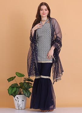 Teen Girls Blue Embroidered Net Sharara Suit