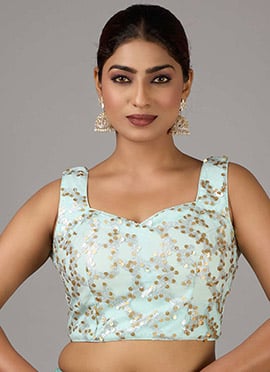 Blue Embroidered Net Sleeveless Blouse